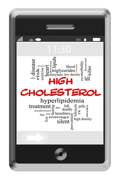 Concept de nuage de mot de cholestérol élevé sur téléphone à écran tactile — Photo