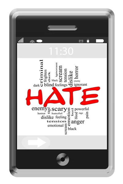 Hate Word Cloud Concept on Touchscreen Phone — Stock Photo, Image