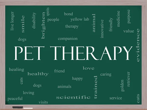 Pet Therapy Word Cloud Concept em um quadro negro — Fotografia de Stock