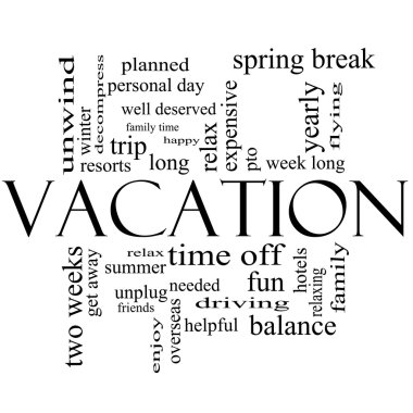 Vacation Word Cloud Concept in Black and White clipart