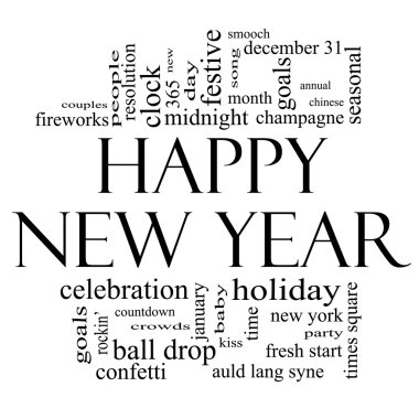 Happy New Year Word Cloud in Black and White clipart
