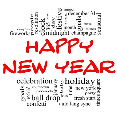 Happy New Year Word Cloud in red and black clipart