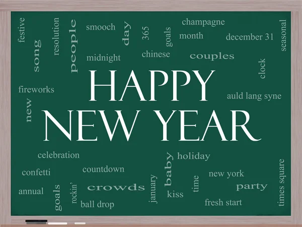 Gelukkig Nieuwjaar woord wolk concept op een schoolbord — Stockfoto