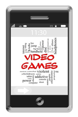 Video Games Word Cloud Concept on Touchscreen Phone clipart