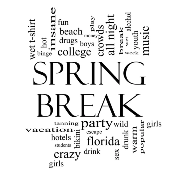 Spring Break Word Cloud Konzept in schwarz-weiß — Stockfoto