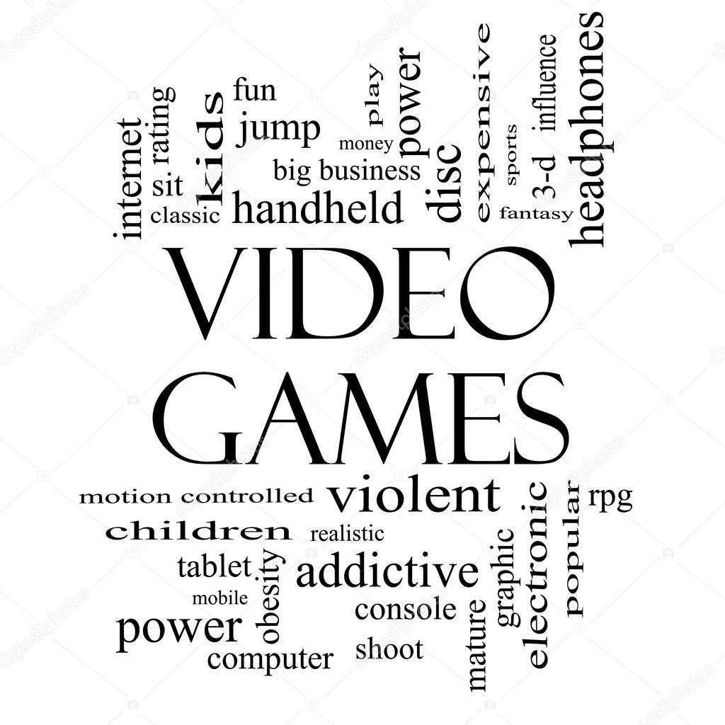 Video Games Word Cloud Concept in Black and White