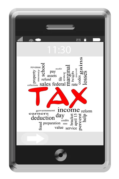 Concetto Tax Word Cloud sul telefono touchscreen — Foto Stock