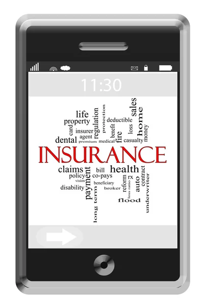 Insurance Word Cloud Concept on Touchscreen Phone — Stock Photo, Image