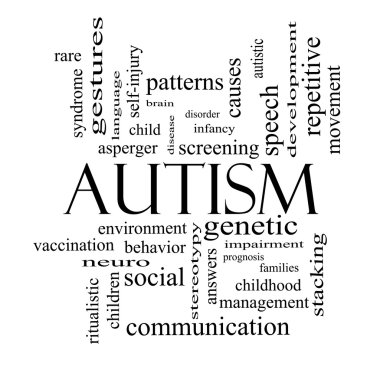 Autism Word Cloud Concept in black and white clipart