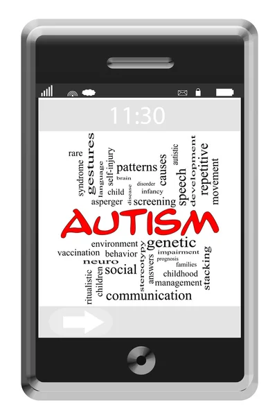 Autismus Word Cloud-Konzept auf Touchscreen-Handy — Stockfoto