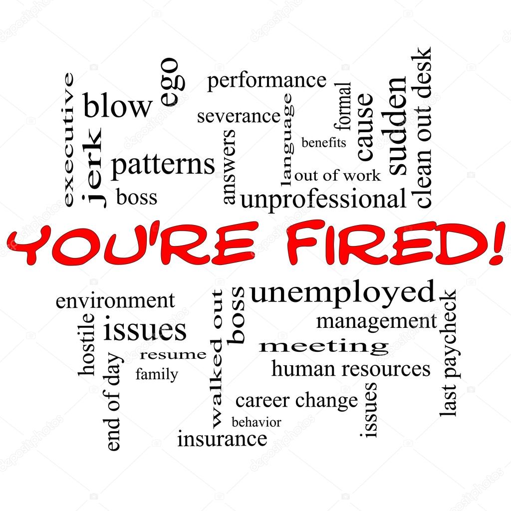 You're Fired Word Cloud Concept in Red Caps