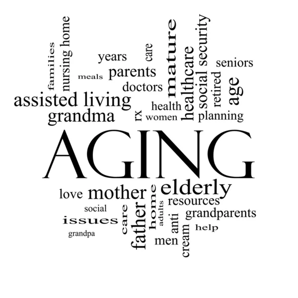 Aging Word Cloud Concept in black and white — Stock Photo, Image