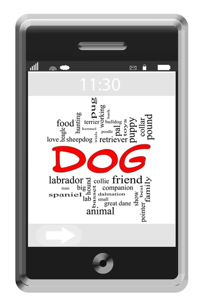 触摸屏手机上的狗字云概念 — 图库照片
