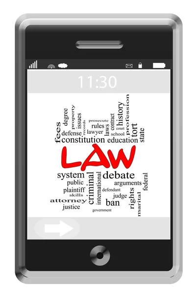 Gesetz Wort Cloud-Konzept auf Touchscreen-Handy — Stockfoto