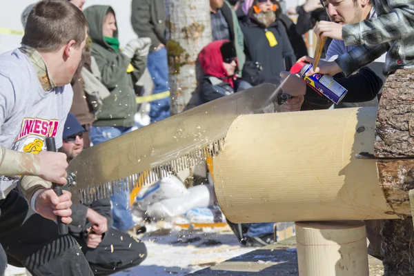 Lumberjack två man bucksaw konkurrens på nära håll — Stockfoto