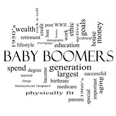 Baby Boomers Word Cloud Concept in black and white clipart