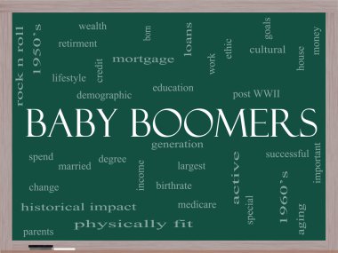 Baby Boomers Word Cloud Concept on a Blackboard clipart