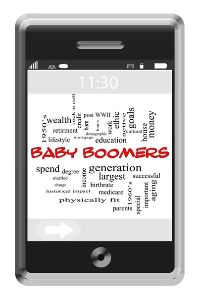 Concepto de nube de palabras de los baby boomers en el teléfono con pantalla táctil —  Fotos de Stock