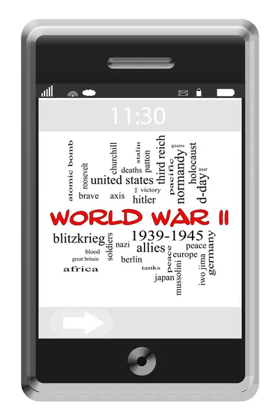 World War II Word Cloud Concept on Touchscreen Phone — Stock Photo, Image