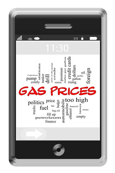 Precios del gas Concepto de nube de palabra en el teléfono de pantalla táctil — Foto de Stock