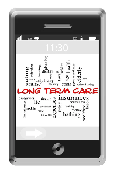 Long Term Care Word Cloud Concept on Touchscreen Phone — Stock Photo, Image