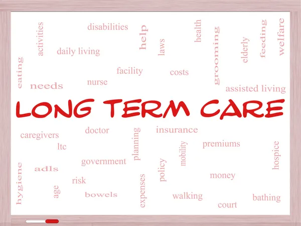 Long Term Care Word Cloud Concept on a Whiteboard — Stock Photo, Image