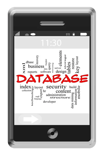 Database Word Cloud Concept on Touchscreen Phone — Stock Photo, Image