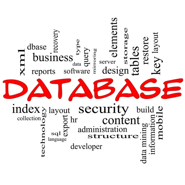 Concetto di database Word Cloud in Caps rossi — Foto Stock