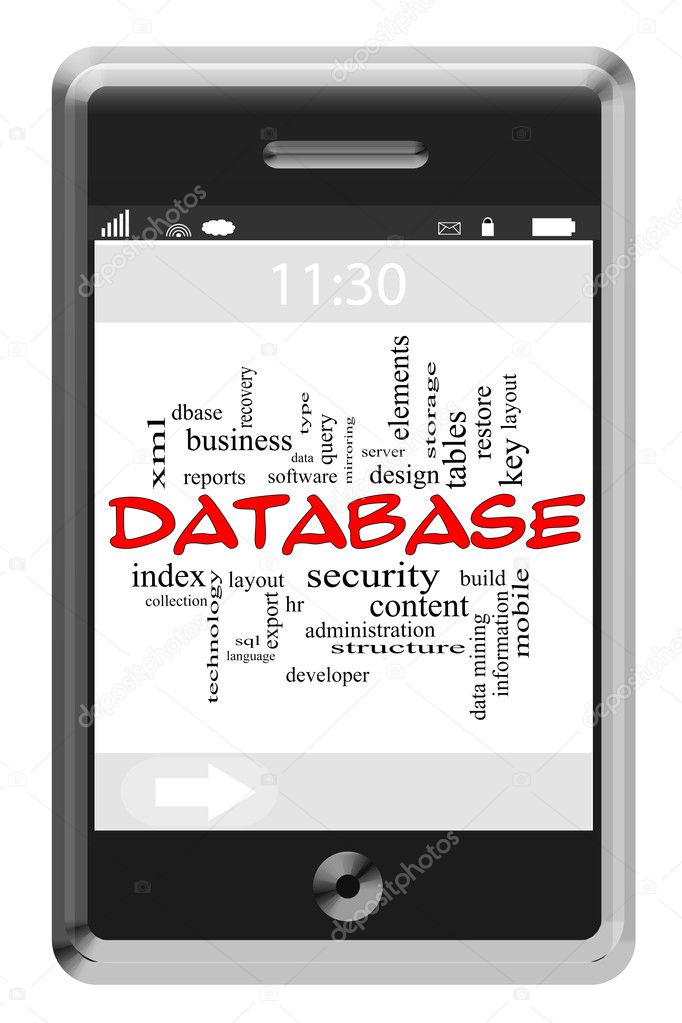 Database Word Cloud Concept on Touchscreen Phone