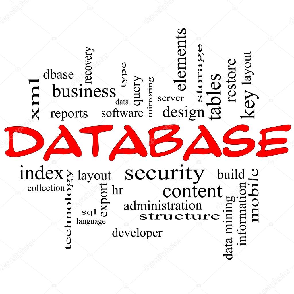 Database Word Cloud Concept in Red Caps