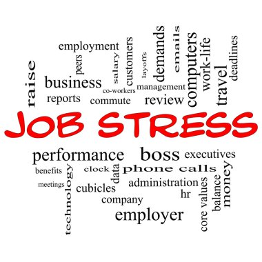 Job Stress Word Cloud Concept in Red Caps clipart