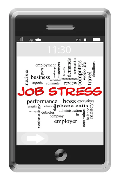 Job Stress Word Cloud Concept on Touchscreen Phone — Stock Photo, Image