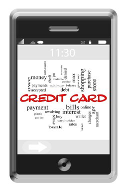 Credit Card Word Cloud Concept on Touchscreen Phone clipart