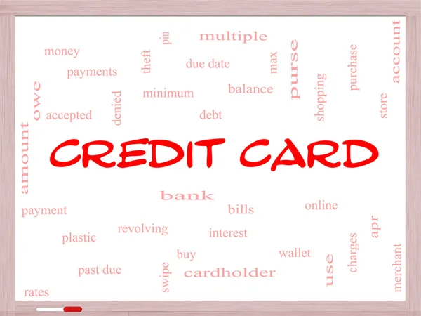 Kreditkarten-Word-Cloud-Konzept auf einem Whiteboard — Stockfoto
