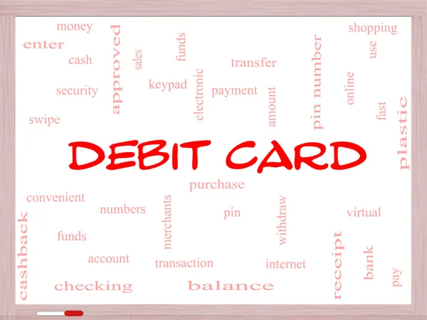 Debit Card Word Cloud Concept on a Whiteboard — Stock Photo, Image