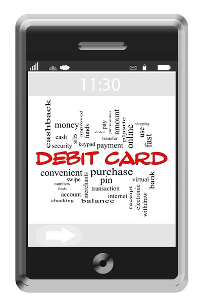Debitkarte Wort Cloud-Konzept auf Touchscreen-Handy — Stockfoto