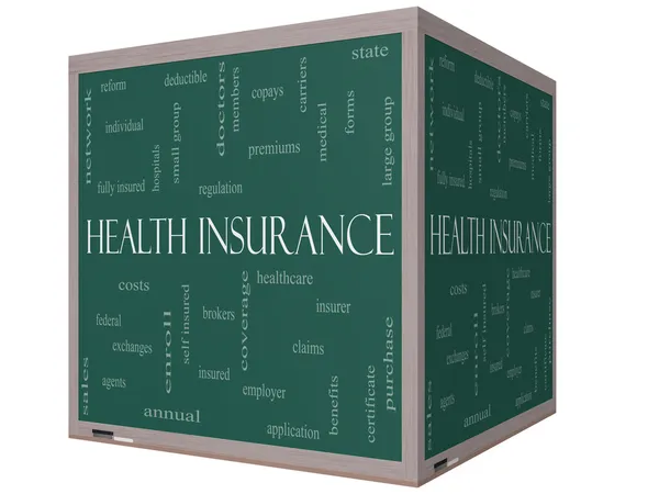 Health Insurance Word Cloud Concept on a 3D cube Blackboard — Stock Photo, Image