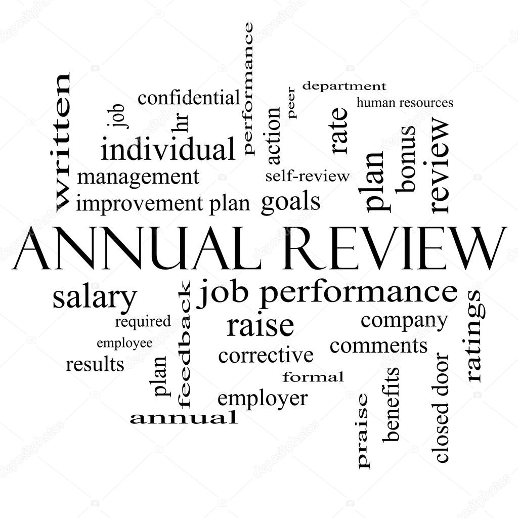 Annual Review Word Cloud Concept in black and white