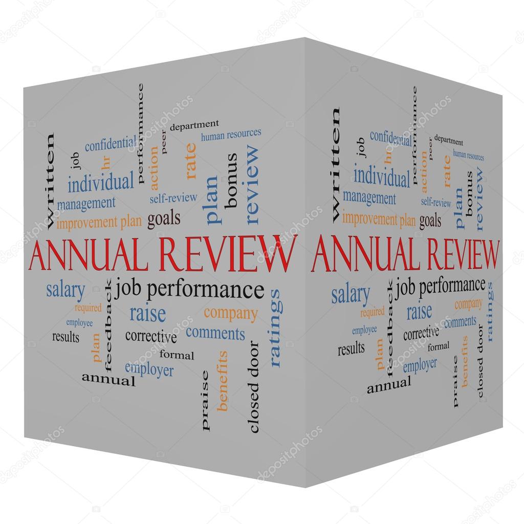 Annual Review Word Cloud Concept on a 3D Cube