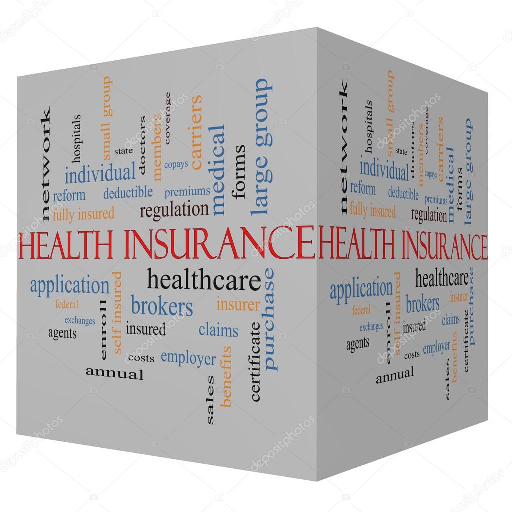 Health Insurance Word Cloud Concept on a 3D Cube