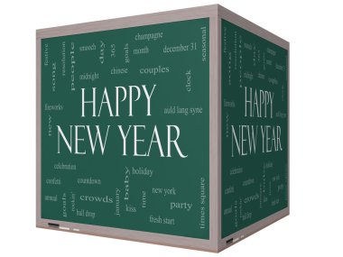 Happy New Year Word Cloud Concept on a 3D Cube Blackboard clipart