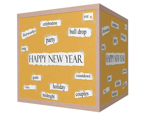 Happy New Year 3D Cube Corkboard Word Concept — Stock Photo, Image