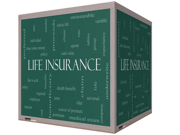 Life Insurance Word Cloud Concept sur un tableau noir 3D Cube — Photo