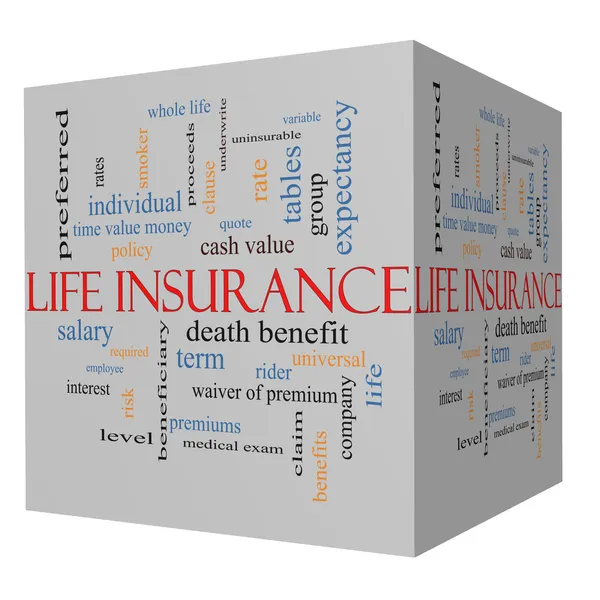 Concetto Life Insurance Word Cloud su un cubo 3D — Foto Stock
