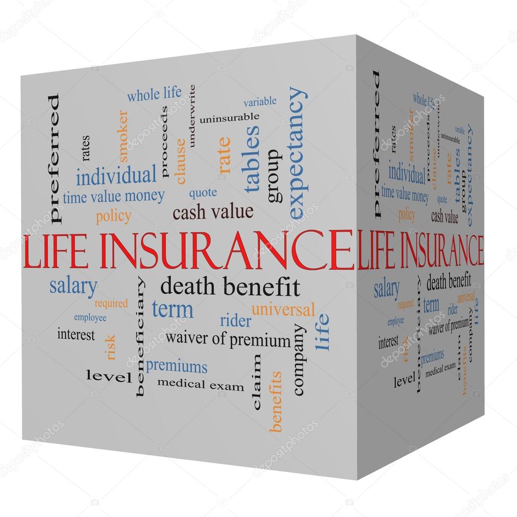 Life Insurance Word Cloud Concept on a 3D Cube