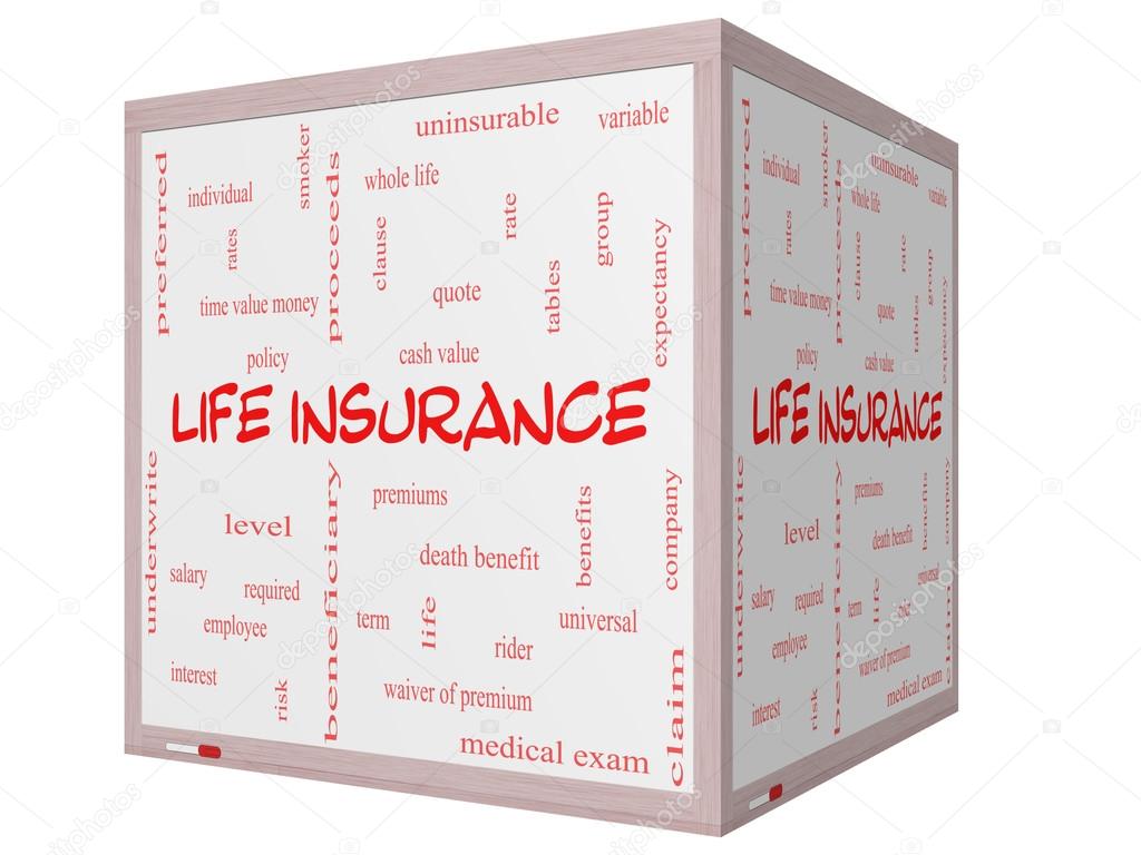 Life Insurance Word Cloud Concept on a 3D Cube Whiteboard