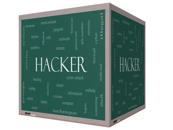 Hacker Word Cloud Concetto su un cubo 3D Lavagna — Foto Stock