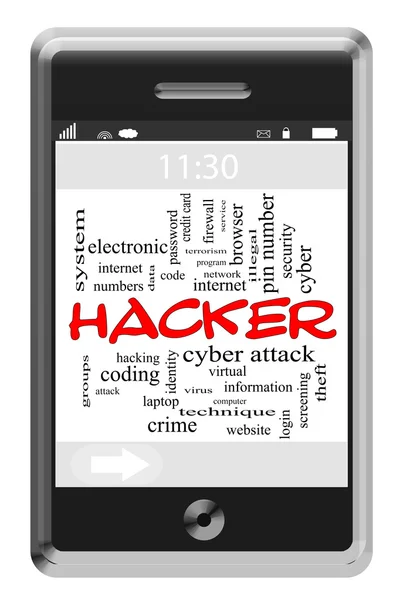 Hacker woord wolk concept op touchscreen telefoon — Stockfoto