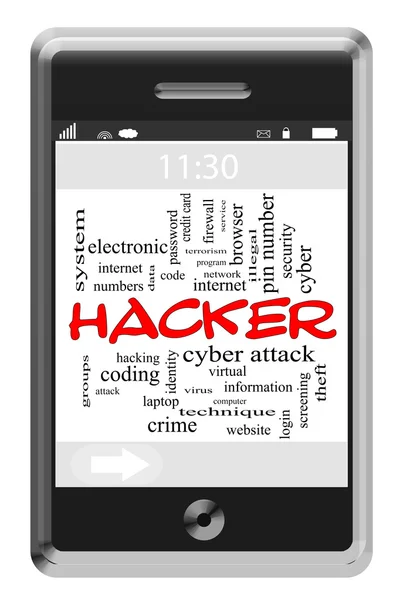 Hacker Word Cloud Concept en la pantalla táctil del teléfono — Foto de Stock