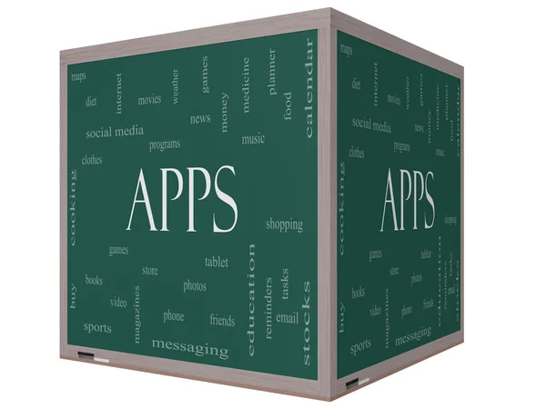 Apps Word Cloud Concept on a 3D Cube Blackboard — Stock Photo, Image